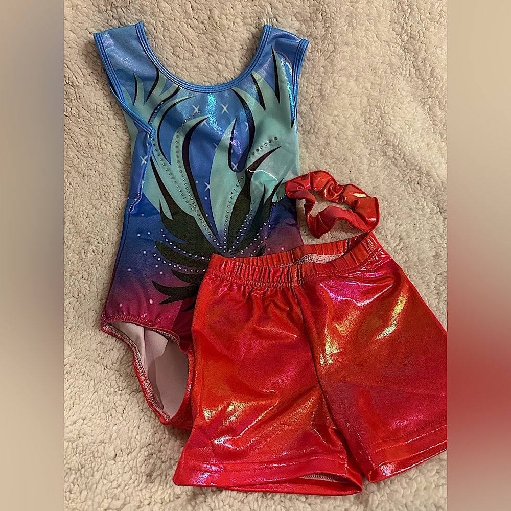 Hotfiary Leotards For Girls W/ Tumbling Shorts & Hair Tie - Gymnastics - NEW 5/6